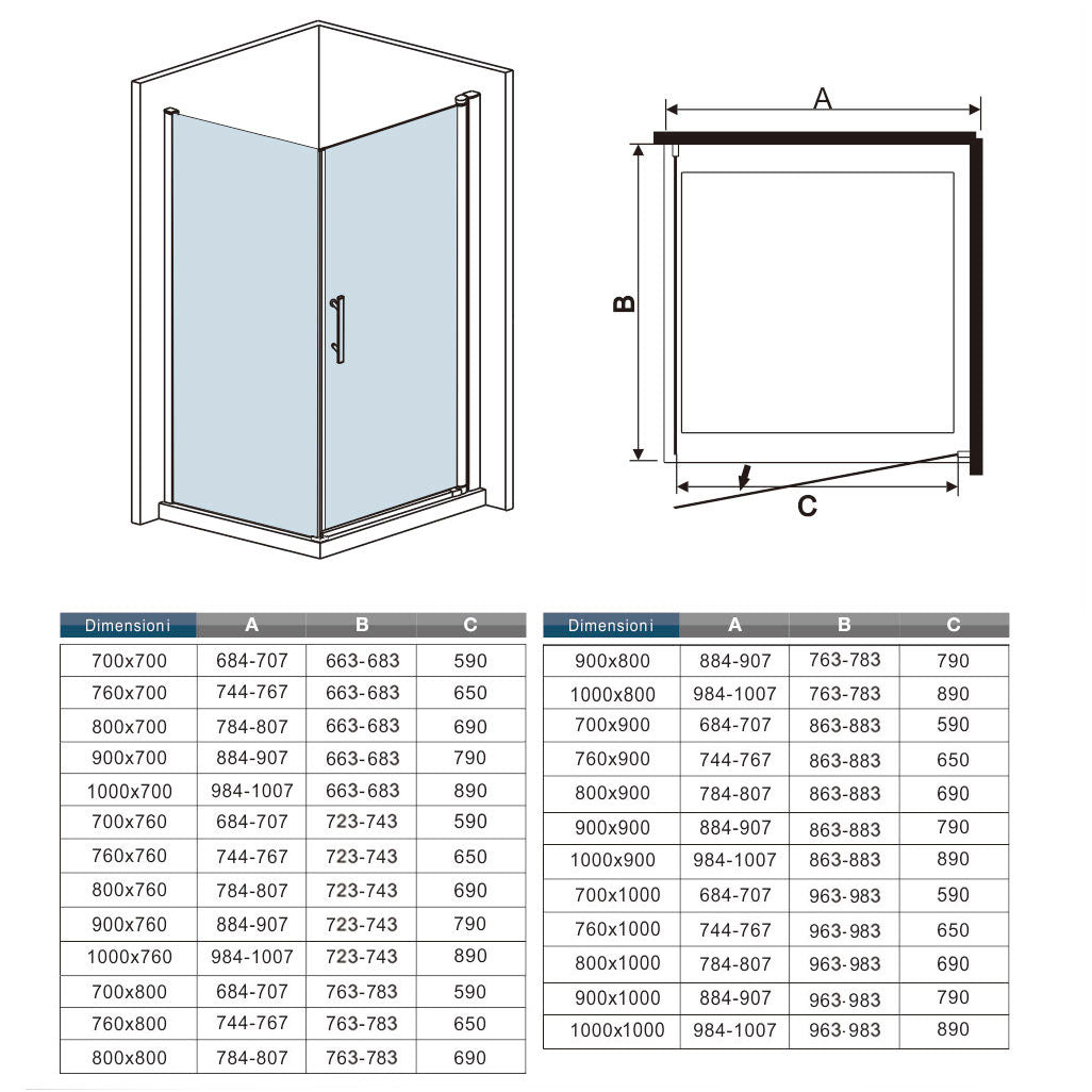 Aica 187cm Box Doccia Angolare Porta Battente Vetro 6 mm Temperato Anticalcare Telaio e Barra Stabilizzatrice Cromato Lucido varie dimensioni