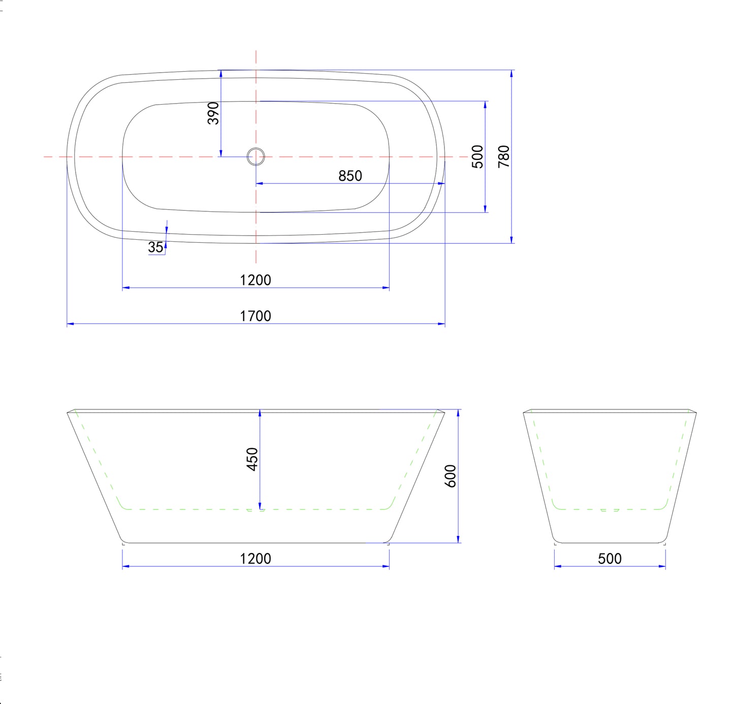 Vasca da Bagno a Isola 150x72x60 /170x78x60cm Vasca da Bagno Freestanding in Acrilico Nero Ovale