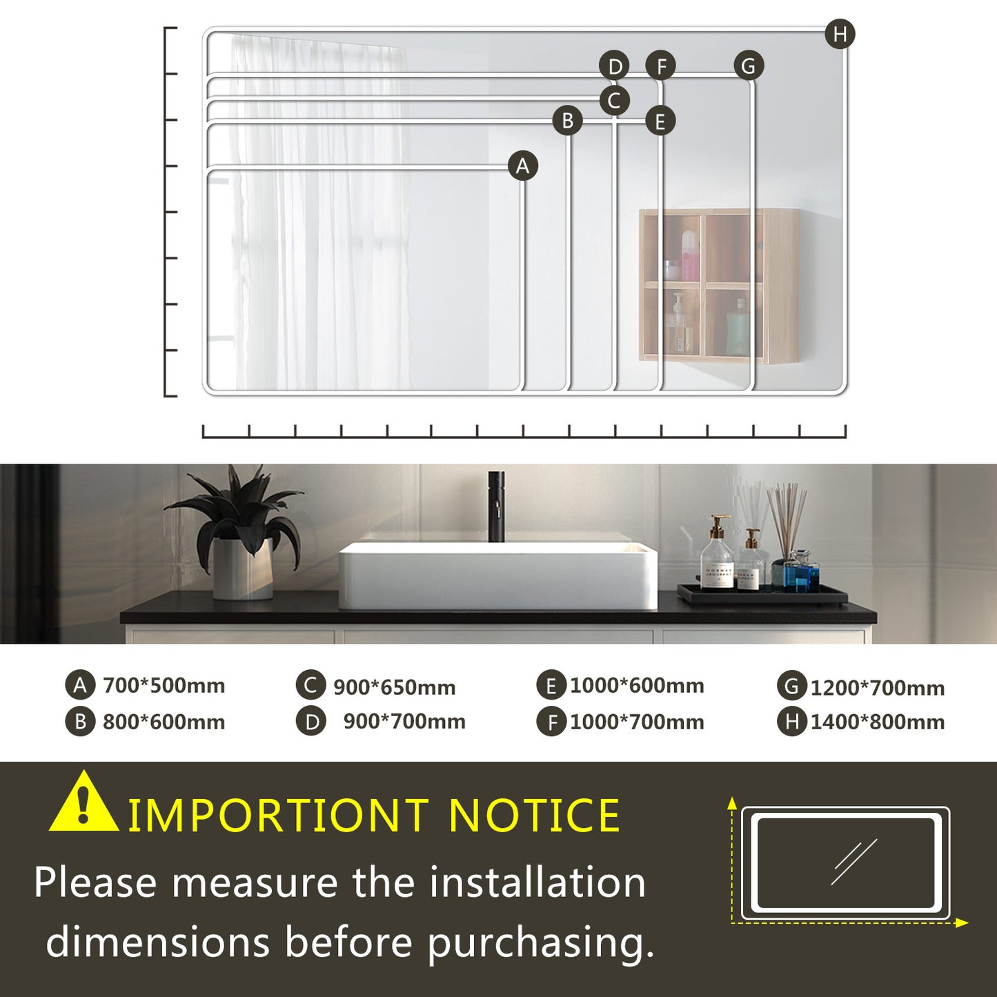 Aica Specchio da Bagno Rettangolare a LED Specchio da Toeletta Specchio da Parete, Luce Bianca 6000K, Antiappannamento, Touch, IP44