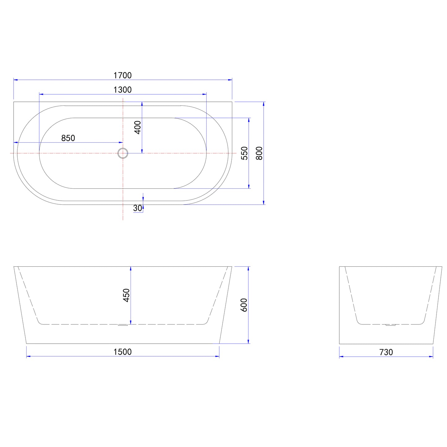 Vasca a Isola o da Parete 150x75x58 cm/170x80x60cm Vasca da Bagno Semi-Freestanding in Acrilico Bianco Ovale