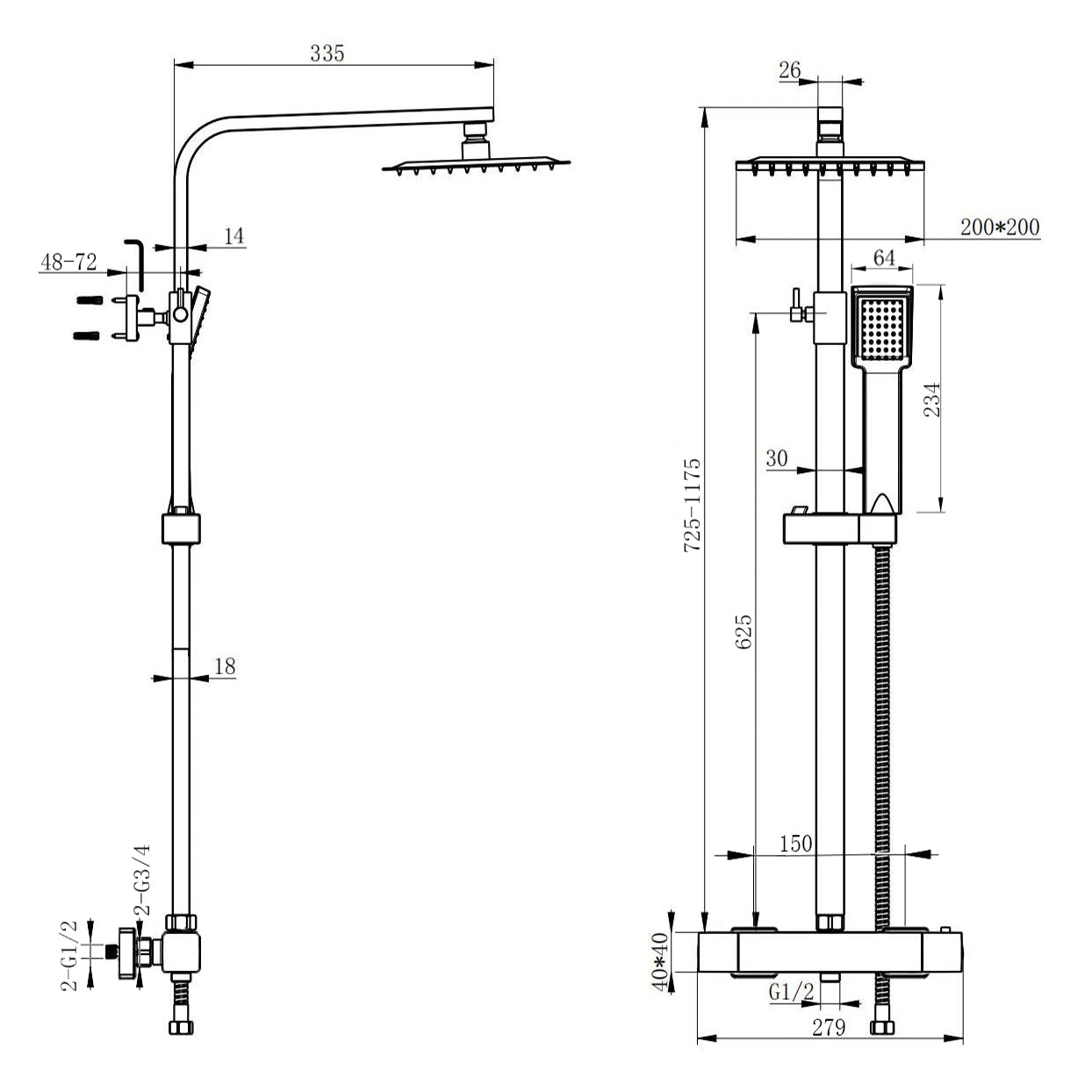 AICA Colonna doccia doccia con miscelatore termostatico, soffione quadrato 20x20cm in acciaio inox, regolabile in altezza, disponibile in cromo/nero