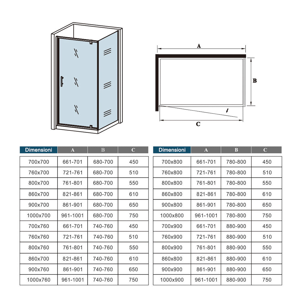 185cm Box Doccia Angolare Porta Girevole Battente con Parete Fissa in Vetro Temperato Trasparente 5mm Profilo Cromo Lucido