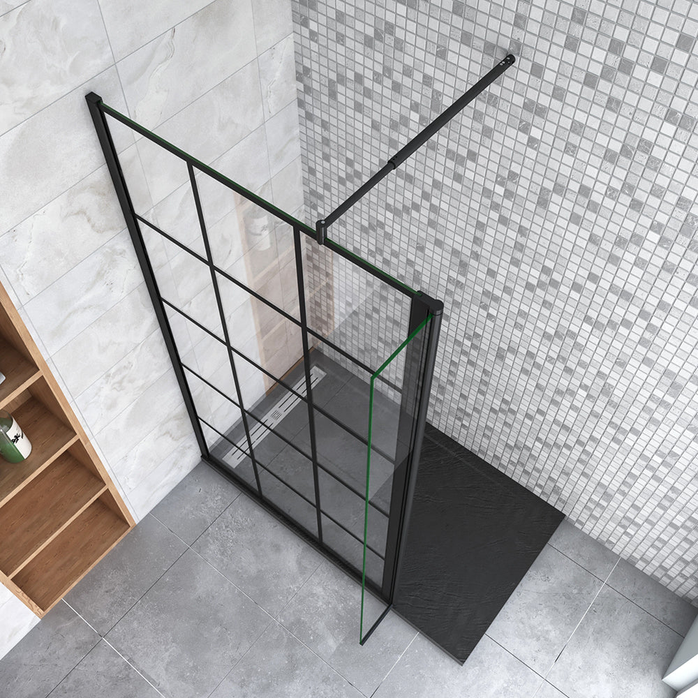 Doccia Walk in 130-150x200cm Due Pareti (100-120 +30) cm Vetro 8mm Temperato Anticalcare Serigrafato con Riquadri Barra Stabilizzatrice 110x200 Tipo 2 - Lunga 70-120 cm regolabile