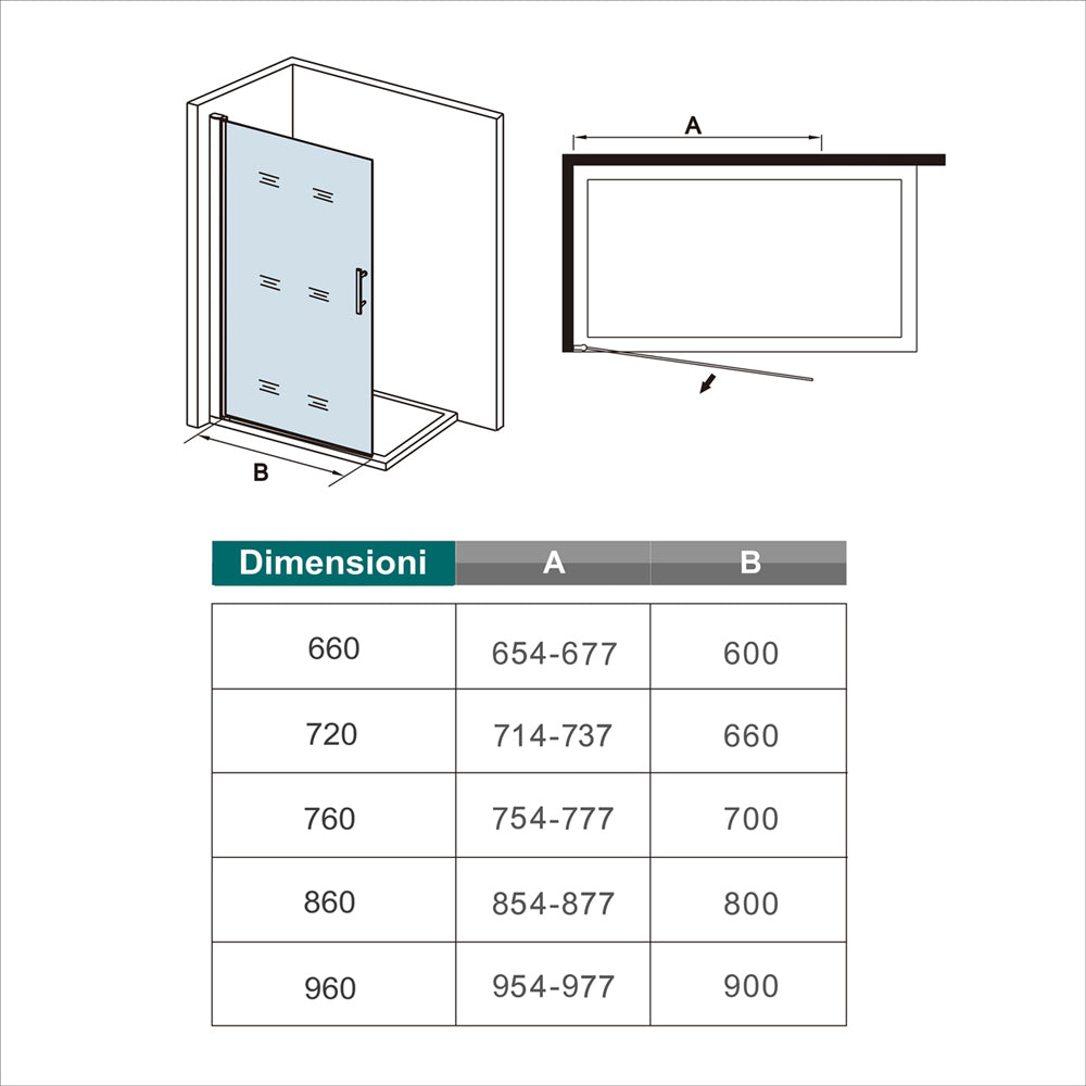 WALK IN Parete Doccia Movibile Pivotante 187/197cm in Vetro 6mm Trasparente Temperato Anticalcare Telaio Cromato Lucido
