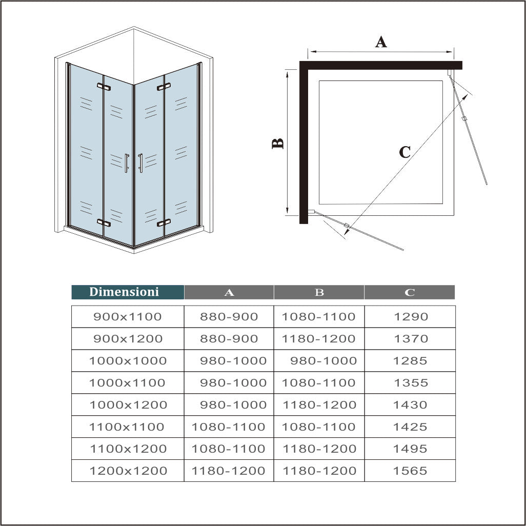 Aica 185 cm Box Doccia Angolare Doppia Porta Apertura Battente-Pieghevole Vetro 6 mm Temperato Trasparente Anticalcare