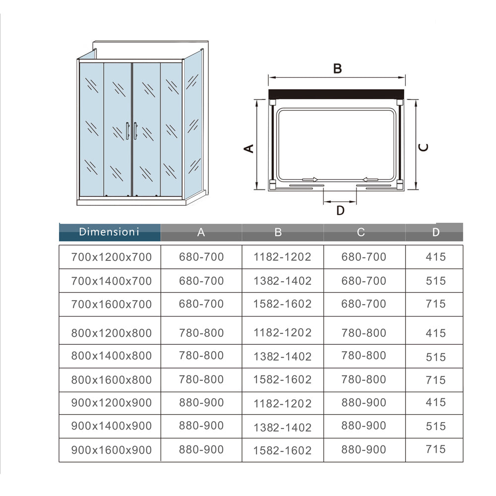 Box Doccia A Tre Lati Alto 185cm Porta Scorrevole 2 Ante Mobili 2 Pareti Laterali Vetro Temperato Trasparente Da 5mm Cromo Lucido