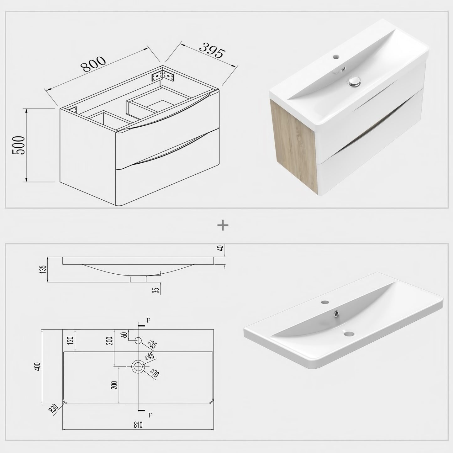 Mobile bagno sospeso salvaspazio Aica 80 cm con lavabo e cassetti in pietra artificiale