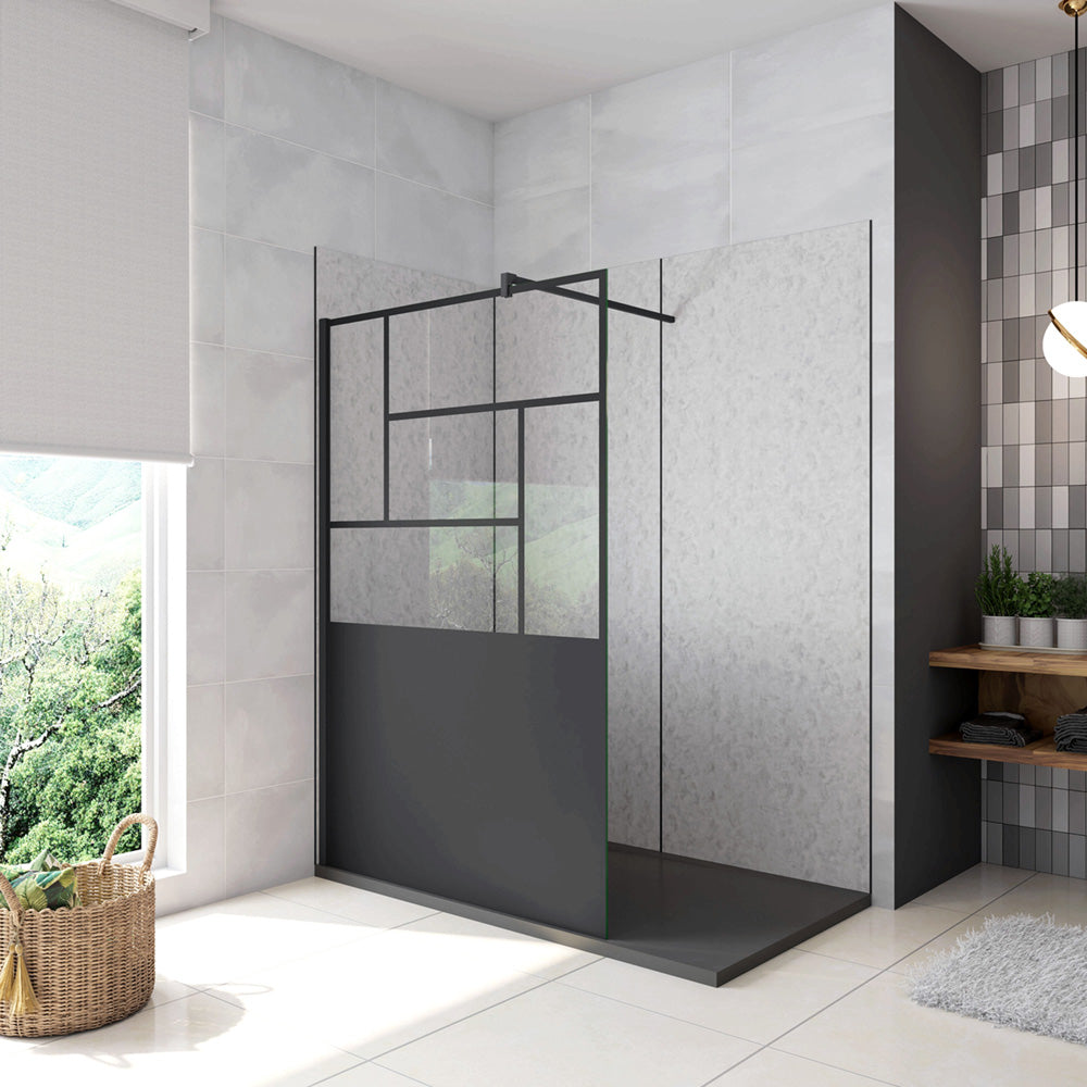 Doccia Walk In Parete Fissa Vetro Temperato 8mm Anticalcare 90-120 x200cm Semitrasparente Riquadri Nero Serigrafato Barra Stabilizzatrice da 140cm Tagliabile
