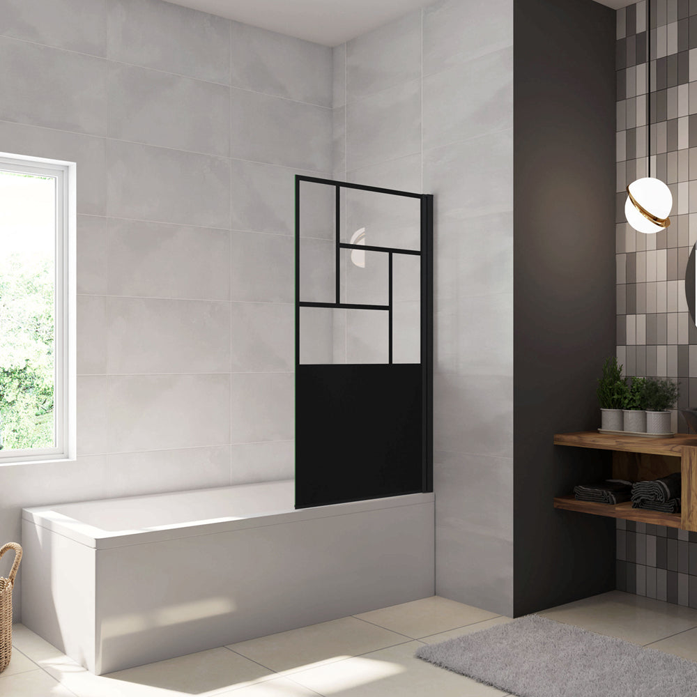 Parete Vasca Doccia 70xh.140cm Sopravasca Pannello Girevole in Vetro Temperato 4mm Semitrasparente Riquadri Neri Serigrafato