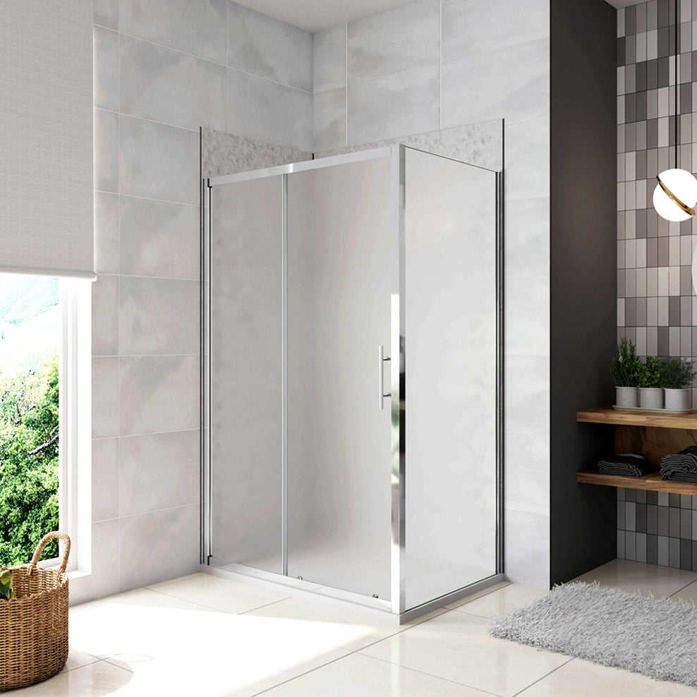Box Doccia Angolare Porta Scorrevole con Parete Fissa Vetro Temperato 5mm Satinato Opaco H.185cm