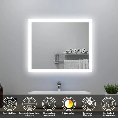 Aica LED Specchio da bagno 60×50 cm, luminosit regolabile a 3 colori, antiappannamento, memoria di interruzione di corrente