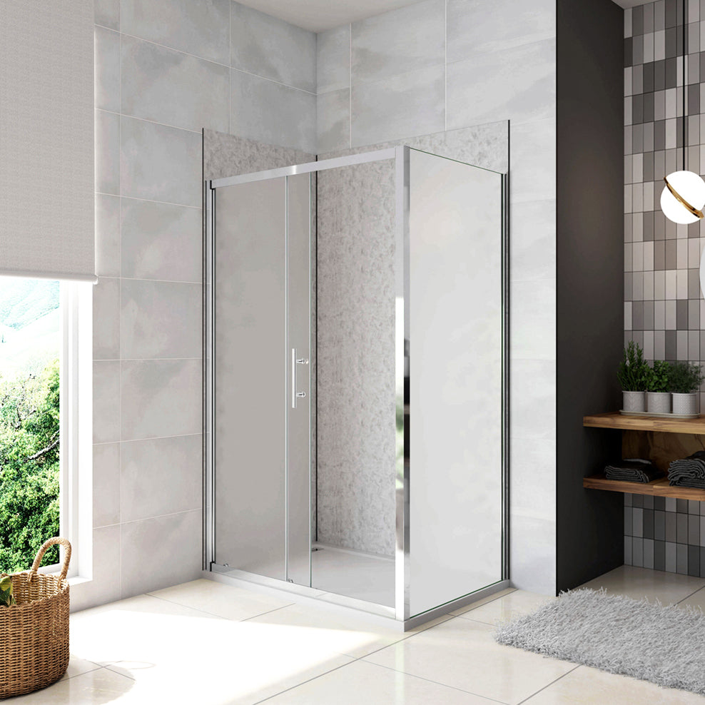 Box Doccia Angolare Porta Scorrevole con Parete Fissa Vetro Temperato 5mm Satinato Opaco H.185cm