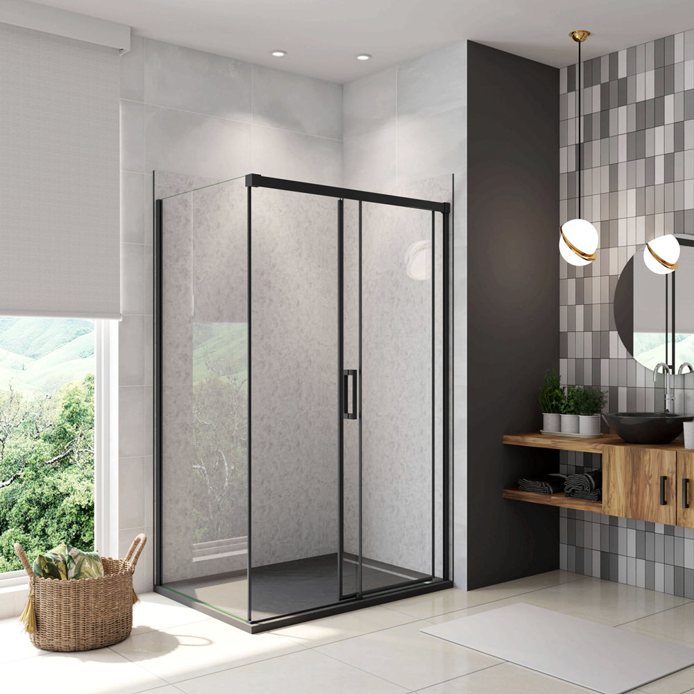 195cm Box Doccia Angolare Porta Scorrevole con Parete Fissa Vetro 8mm Temperato Anticalcare Trasparente Profilo Nero Opaco Softclose