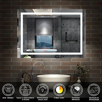 AICA Specchio Da Bagno Rettangolare Da 150x80cm con LED, Antiappannamento, 3 Temperature Colore
