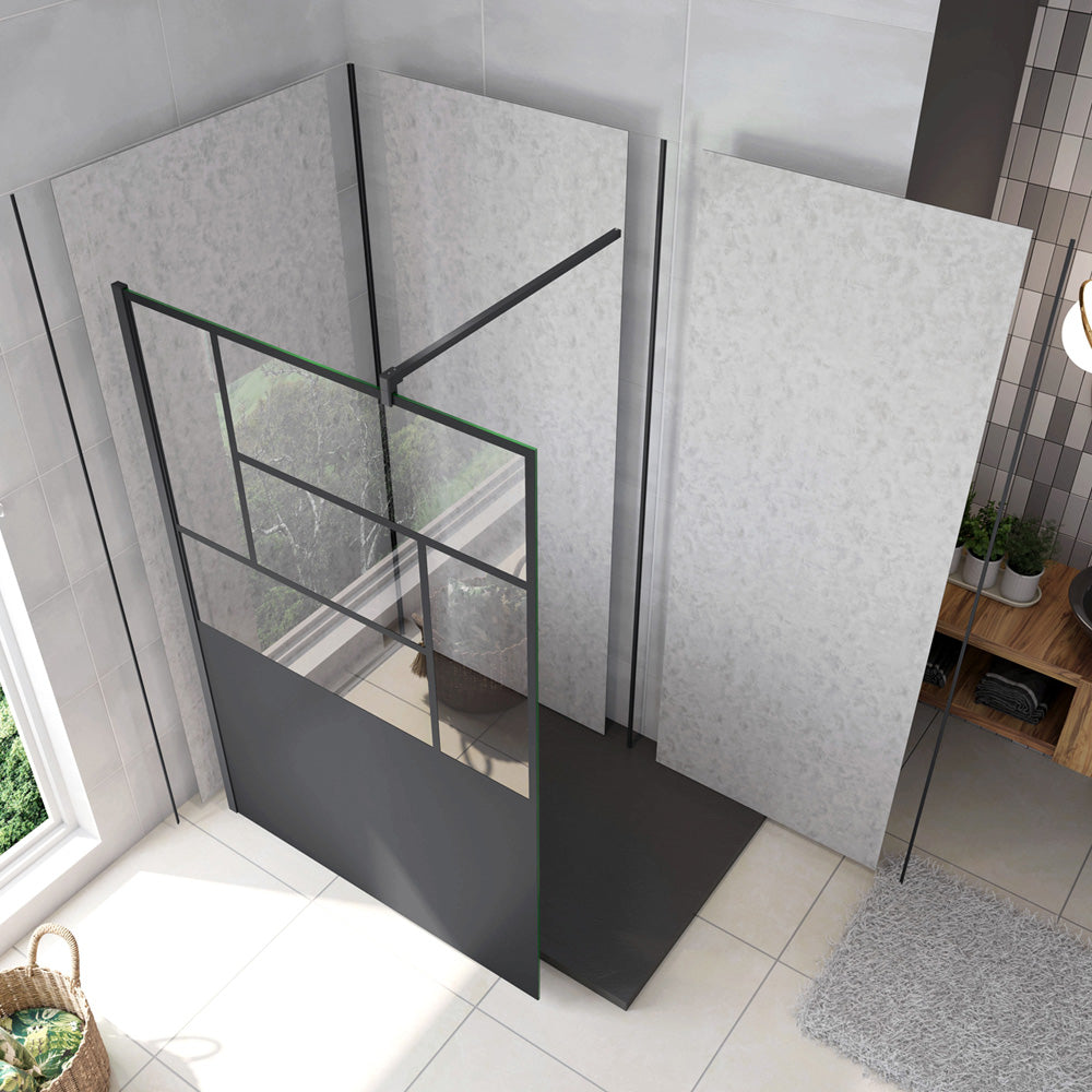 Doccia Walk In Parete Fissa Vetro Temperato 8mm Anticalcare 90-120 x200cm Semitrasparente Riquadri Nero Serigrafato Barra Stabilizzatrice da 140cm Tagliabile