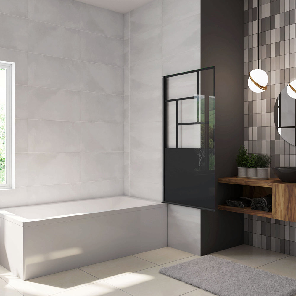 Parete Vasca Doccia 70xh.140cm Sopravasca Pannello Girevole in Vetro Temperato 4mm Semitrasparente Riquadri Neri Serigrafato