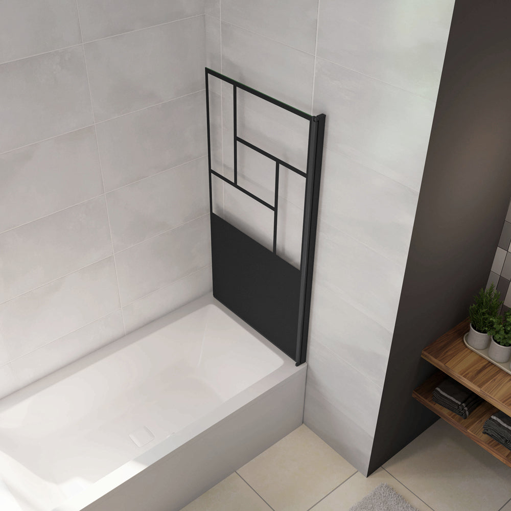 Parete Vasca Doccia 70xh.140cm Sopravasca Pannello Girevole in Vetro Temperato 4mm Semitrasparente Riquadri Neri Serigrafato