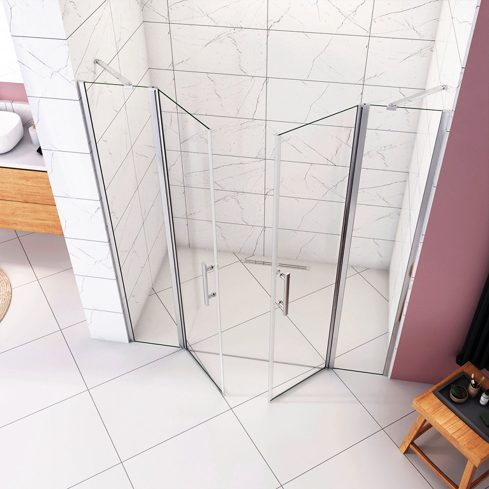 Aica Box Doccia per Nicchia 195 cm Doppia Porta Battente Saloon 2 Pannelli Fissi con Barra Stabilizzatrice Vetro Temperato 6 mm Anticalcare