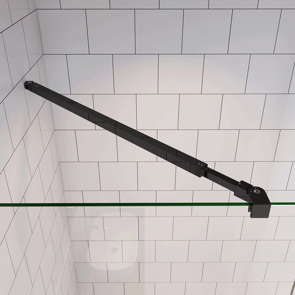 Parete Fissa Doccia Walk In Nero Opaco 190cm Vetro Temperato Trasparente Anticalcare 6mm con Barra Stabilizzatrice