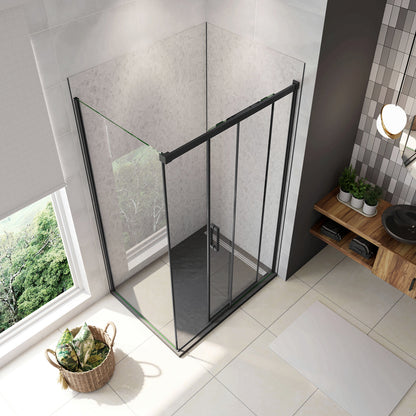 195cm Box Doccia Angolare Porta Scorrevole con Parete Fissa Vetro 8mm Temperato Anticalcare Trasparente Profilo Nero Opaco Softclose