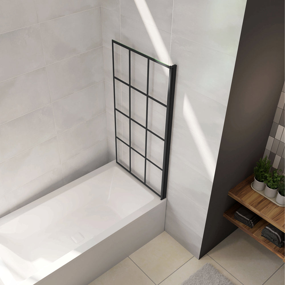 Parete Vasca Doccia 80xh.140cm Sopravasca Pannello Girevole in Vetro Temperato 6mm Trasparente con Riquadri Neri