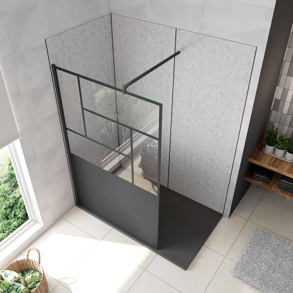 Doccia Walk In Parete Fissa Vetro Temperato 8mm Anticalcare 90-120 x200cm Semitrasparente Riquadri Nero Serigrafato Barra Stabilizzatrice da 140cm Tagliabile