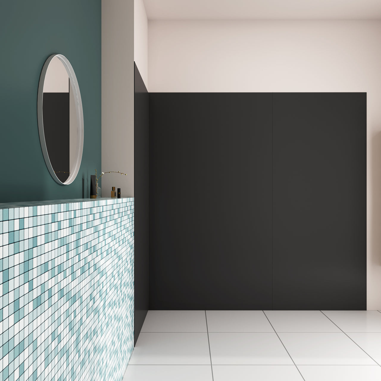 Pannello doccia angolare H.210 cm, disponibile in più misure, realizzato in alluminio da 3 mm con finitura nero opaco, adatto per l'arredo delle pareti del bagno.