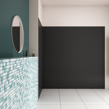 Pannello doccia angolare H.210 cm, disponibile in più misure, realizzato in alluminio da 3 mm con finitura nero opaco, adatto per l'arredo delle pareti del bagno.