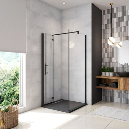 190cm Box Doccia Angolare Porta Battente Pieghevole con Parete Fissa in Vetro Temperato 5mm Anticalcare Barra Stabilizzatrice da 90cm Nera Opaca