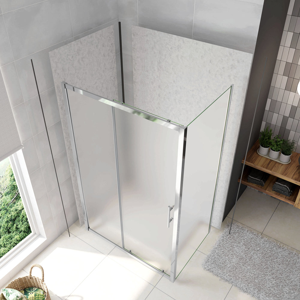 Box Doccia Angolare Porta Scorrevole con Parete Fissa Vetro Temperato 5mm Satinato Opaco H.185cm