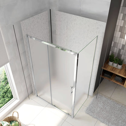 Box Doccia Angolare Porta Scorrevole con Parete Fissa Vetro Temperato 5mm Satinato Opaco H.185cm