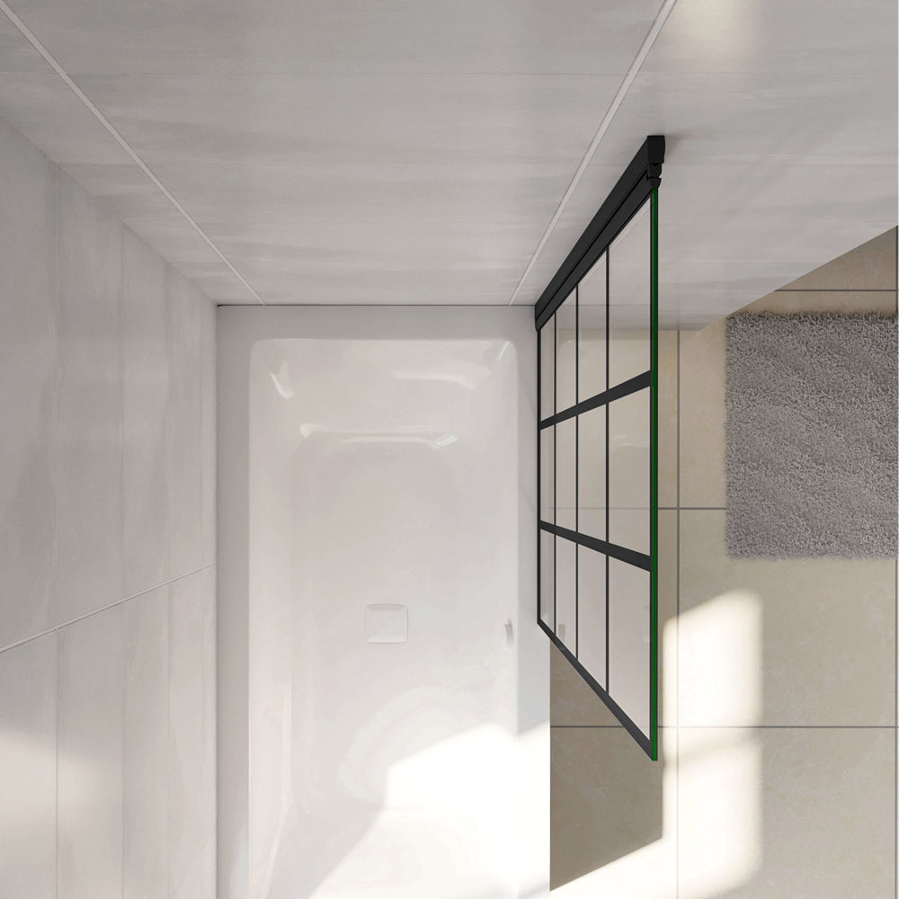 Parete Vasca Doccia 80xh.140cm Sopravasca Pannello Girevole in Vetro Temperato 6mm Trasparente con Riquadri Neri