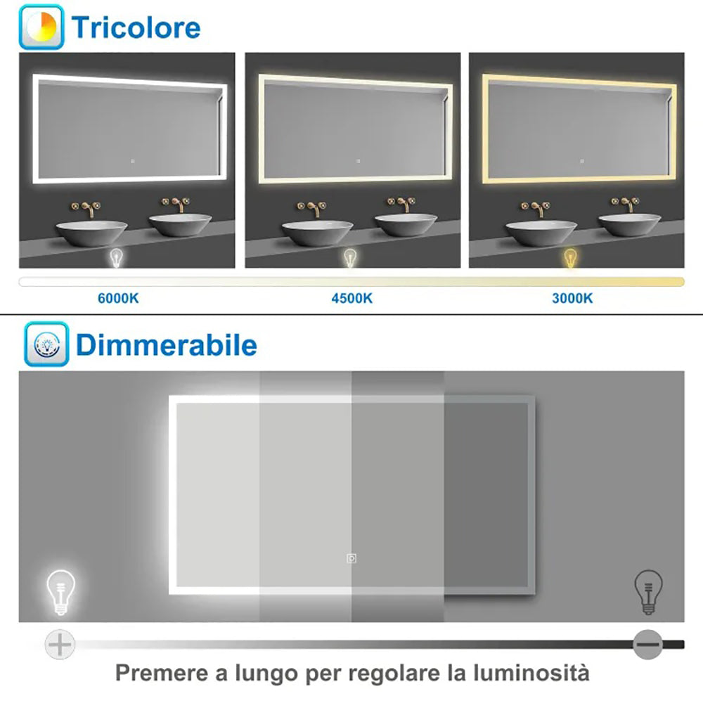 Aica LED Specchio da bagno 60×50 cm, luminosità regolabile a 3 colori, antiappannamento, memoria di interruzione di corrente