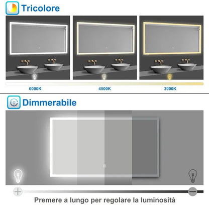 Aica LED Specchio da bagno 60×50 cm, luminosit regolabile a 3 colori, antiappannamento, memoria di interruzione di corrente
