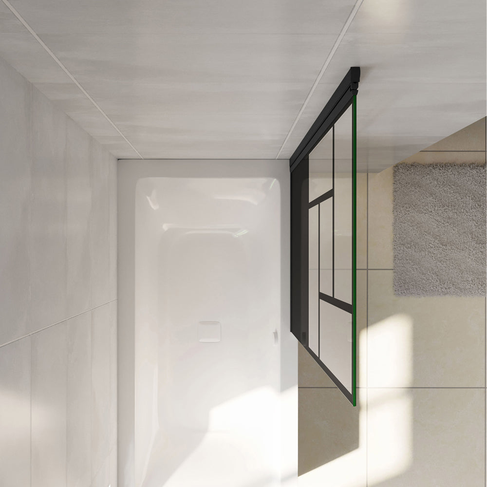 Parete Vasca Doccia 70xh.140cm Sopravasca Pannello Girevole in Vetro Temperato 4mm Semitrasparente Riquadri Neri Serigrafato