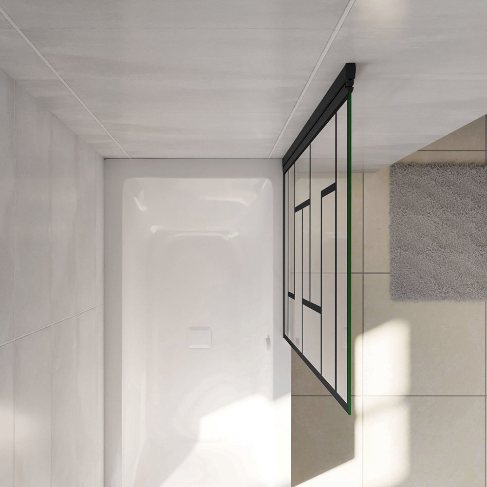 80x140cm Parete Vasca Doccia Sopravasca Singolo Pannello Girevole in Vetro Temperato 6mm Trasparente con Riquadri Neri