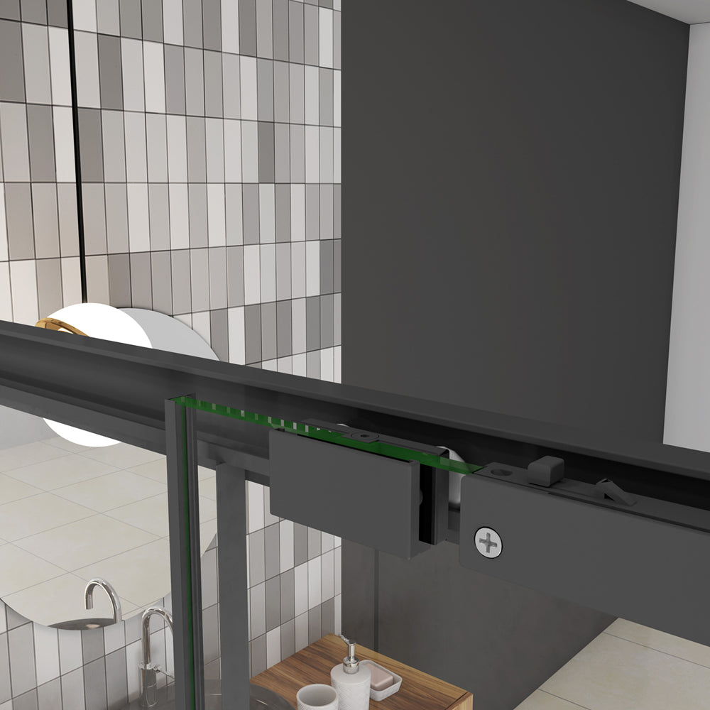 195cm Box Doccia Angolare Porta Scorrevole con Parete Fissa Vetro 8mm Temperato Anticalcare Trasparente Profilo Nero Opaco Softclose