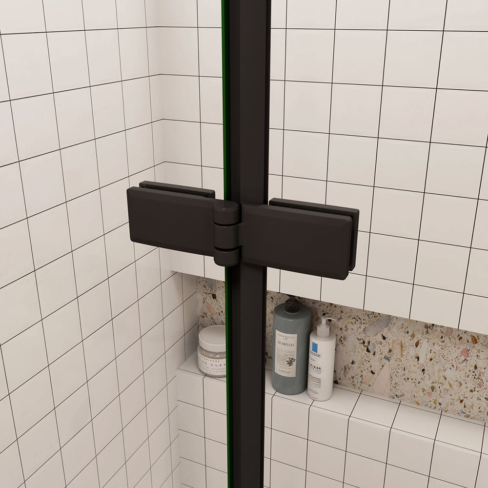 Porta Doccia per Nicchia Battente Pieghevole in Vetro Temperato Trasparente 5mm Anticalcare Telaio Nero Opaco Piatto Doccia incluso