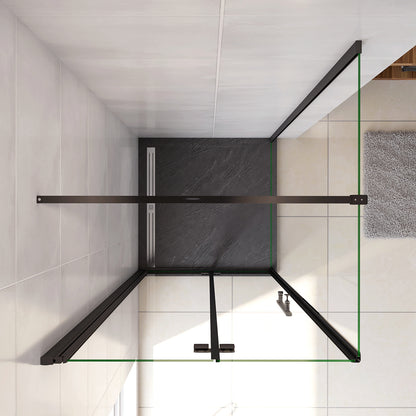 190cm Box Doccia Angolare Porta Battente Pieghevole con Parete Fissa in Vetro Temperato 5 mm Anticalcare Barra da 90 cm Nera Opaca Piatto Doccia incluso