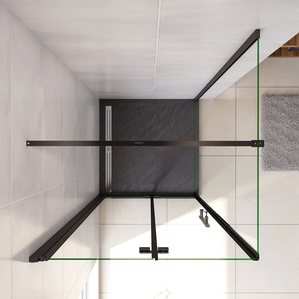 190cm Box Doccia Angolare Porta Battente Pieghevole con Parete Fissa in Vetro Temperato 5mm Anticalcare Barra Stabilizzatrice da 90cm Nera Opaca