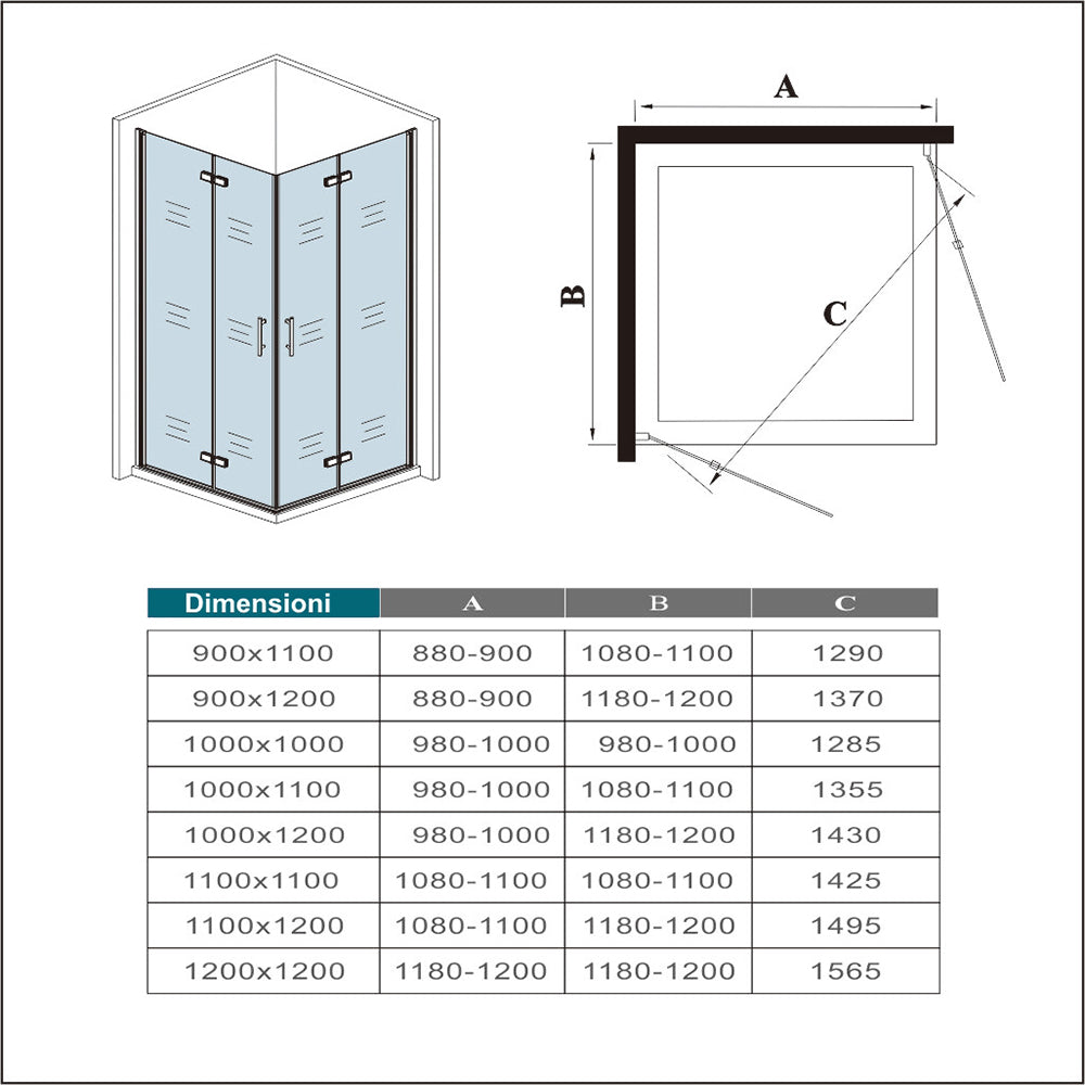 Box Doccia Angolare Porte Battente e Pieghevoli Vetro 5mm Temperato Trasparente Anticalcare Profilo Nero Opaco Piatto Doccia incluso
