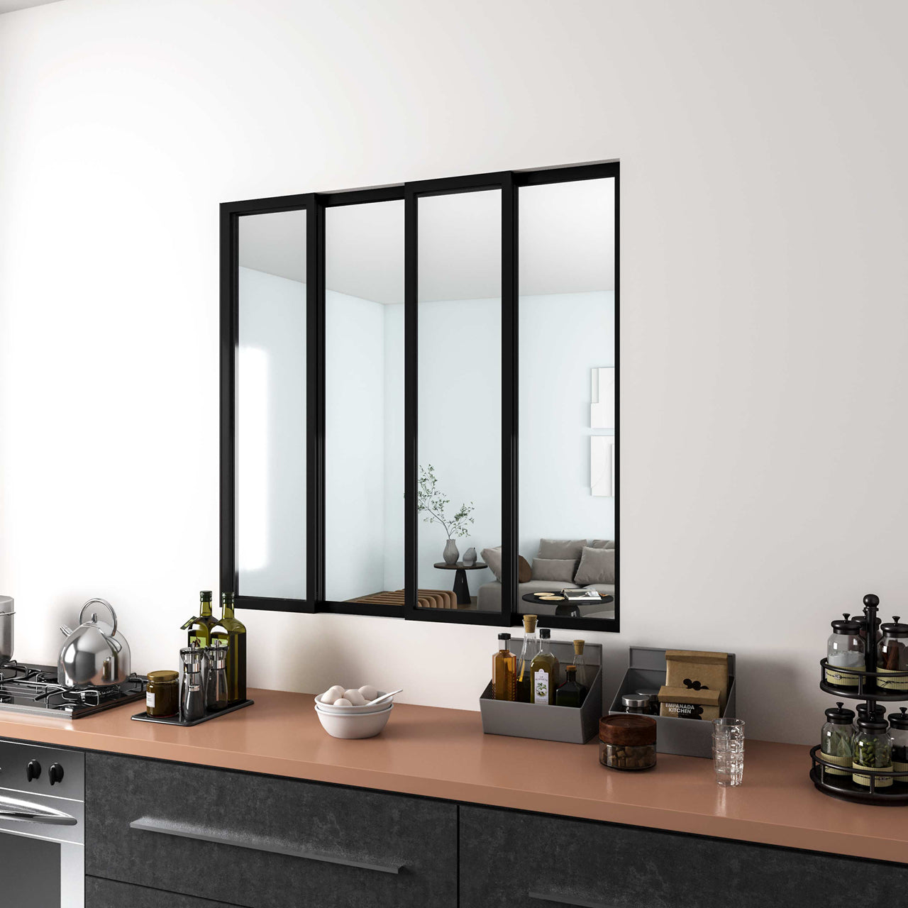 Vetrata Scorrevole Interna 123x108 cm in Vetro Temperato 4 Lastre Corniciate Profilo Nero Opaco Divisorio da Casa - Consegna gratuita