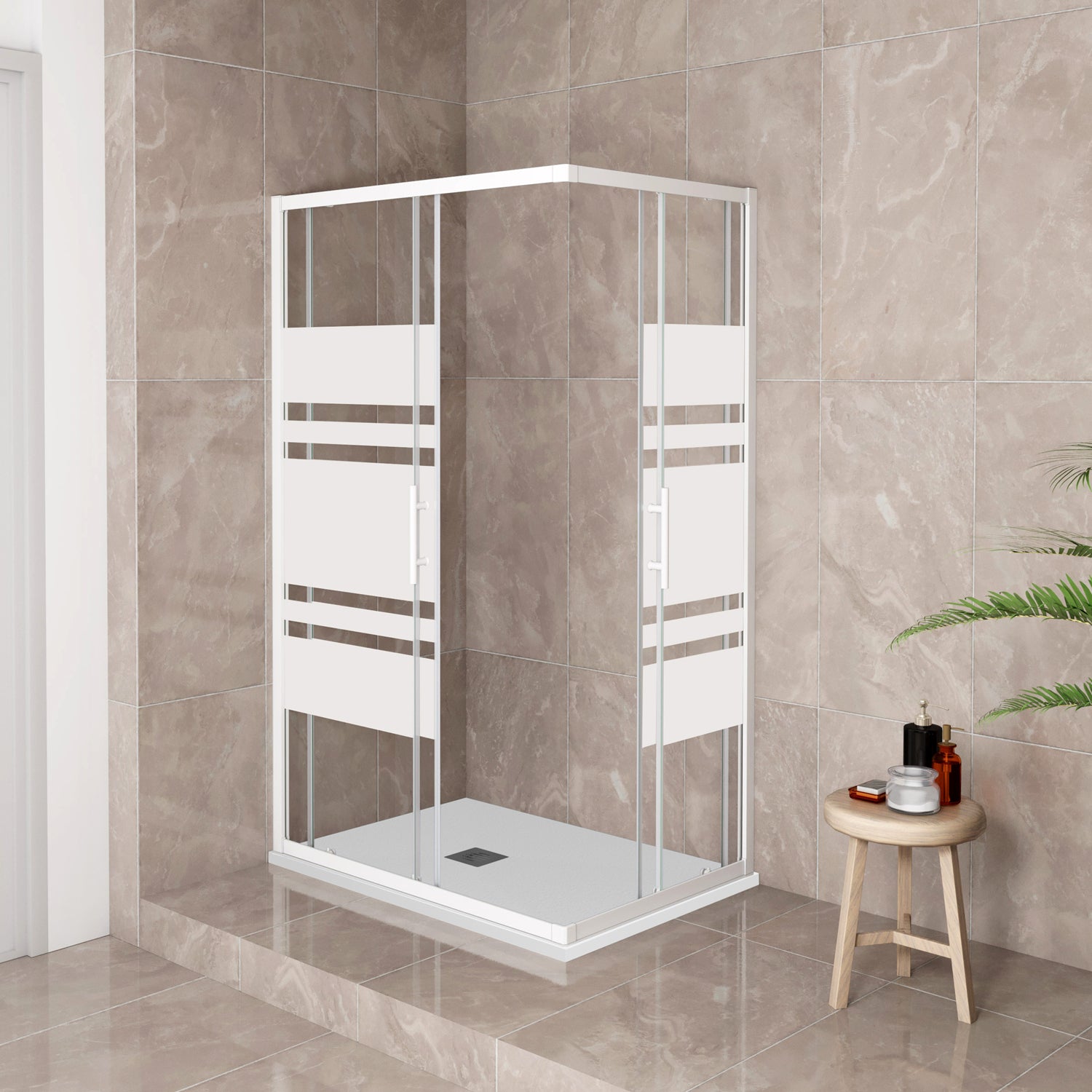 185 cm Box Doccia Angolare 70-80-90-100x70-80-90-100 cm Porte Scorrevoli Vetro Temperato 5 mm Anticalcare Fascie in Serigrafato Telaio Bianco Opaco