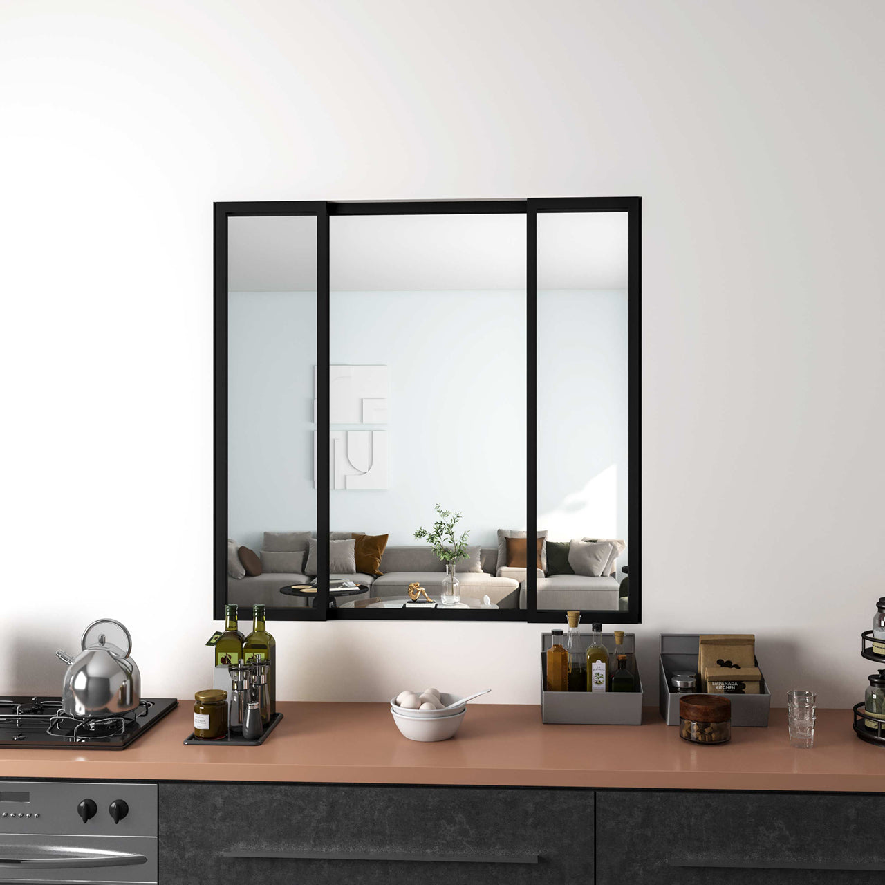 Vetrata Scorrevole Interna 123x108 cm in Vetro Temperato 4 Lastre Corniciate Profilo Nero Opaco Divisorio da Casa