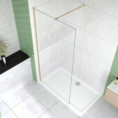 Box Doccia Walk In 40-50-60-70-80-85-90-100-110-120x200 cm Parete Fissa Vetro 8/10 mm Trasparente Anticalcare Oro Spazzolato con Barra Stabilizzatrice 73-120 cm