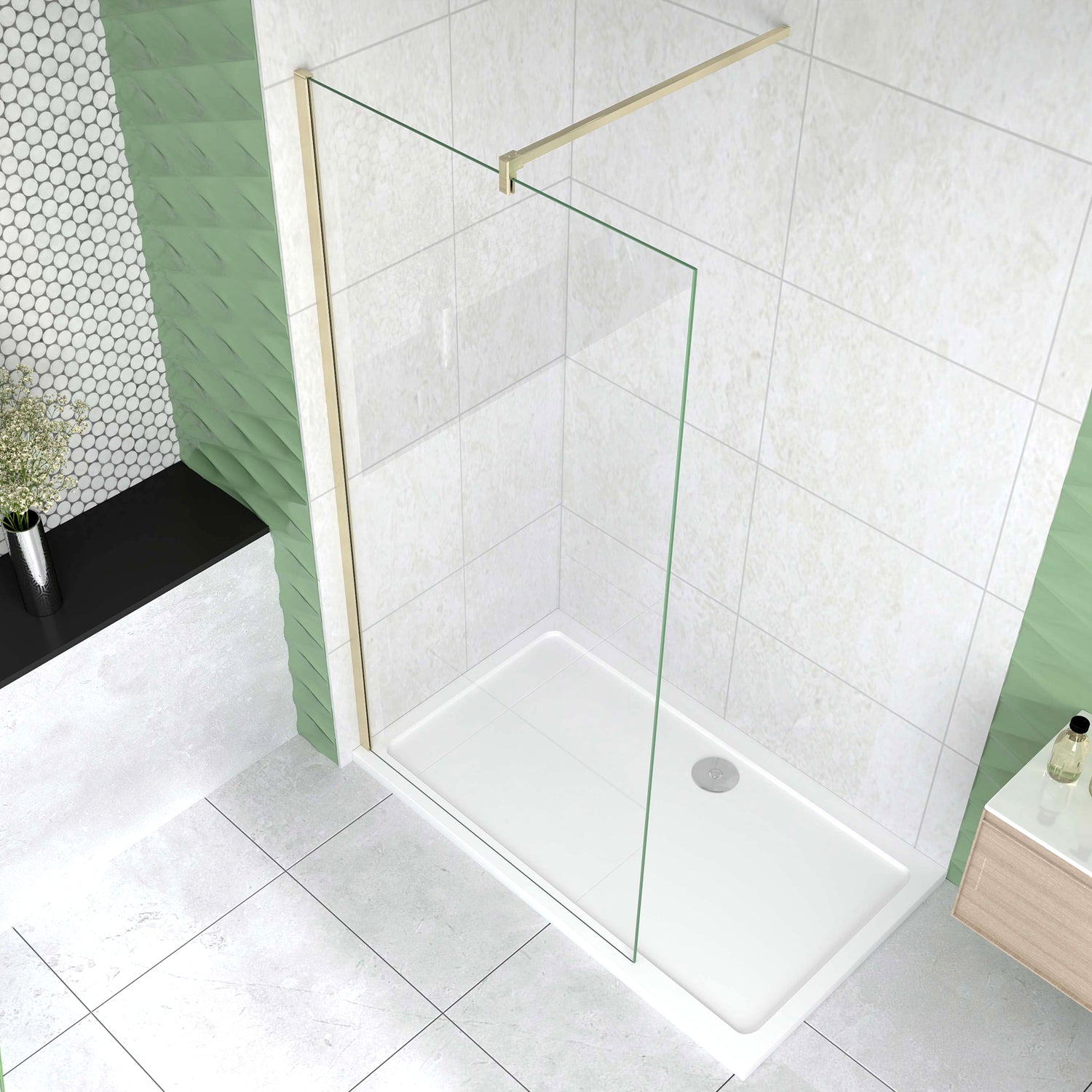 Box Doccia Walk In 40-50-60-70-80-85-90-100-110-120x200 cm Parete Fissa Vetro 8/10 mm Trasparente Anticalcare Oro Spazzolato Barra Stabilizzatrice 140 cm