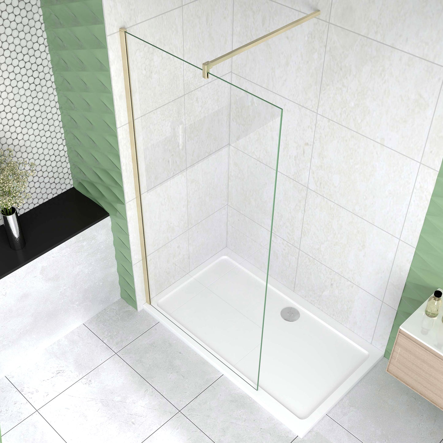 Box Doccia Walk In 50-120x200 cm Parete Fissa Vetro 8/10 mm Trasparente Anticalcare Oro Spazzolato Barra Stabilizzatrice 140 cm