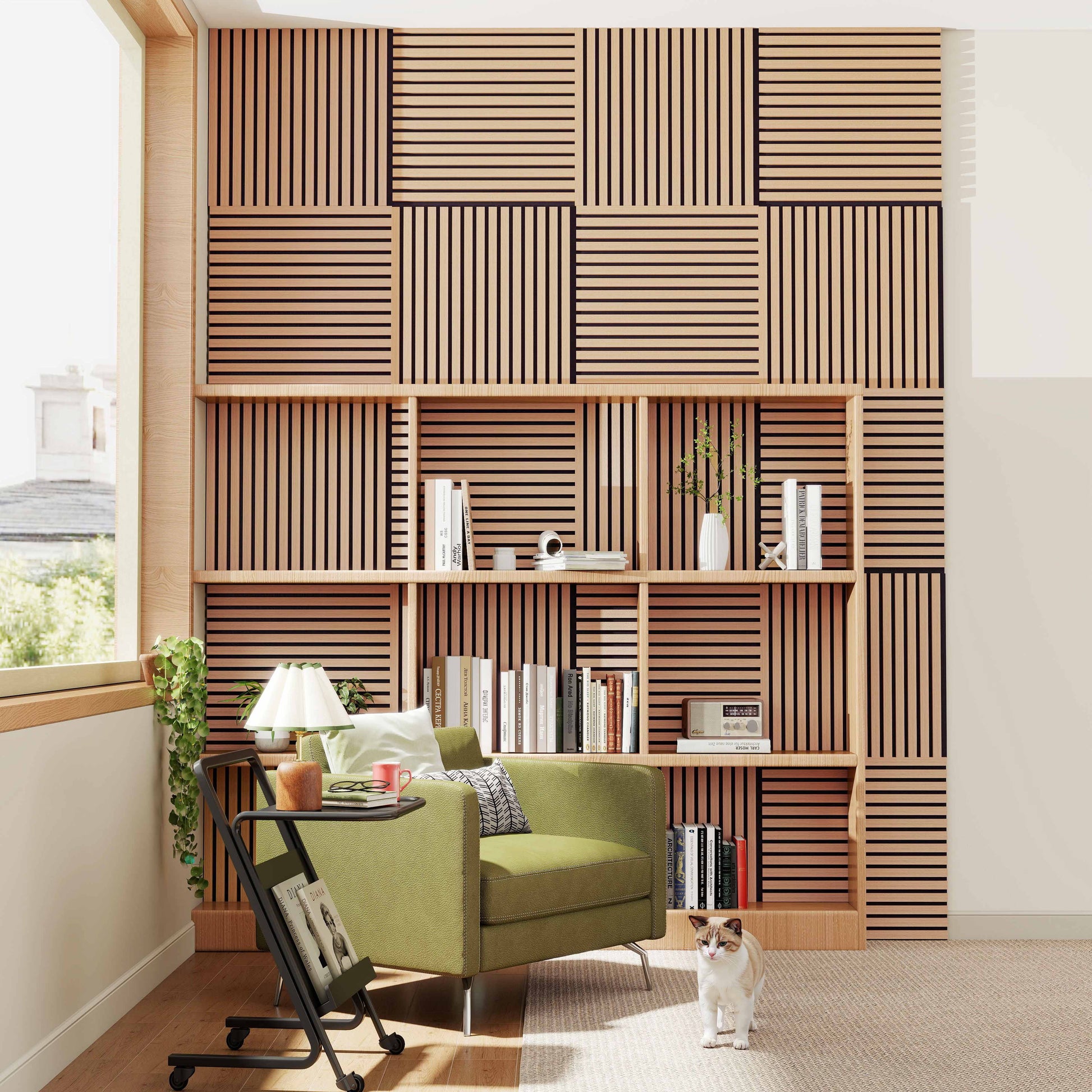 Set di 4 pannelli decorativi fonoassorbenti in legno MDF, 60 cm × 60 cm, Sp 21 mm, Color rovere chiaro/scuro#Color rovere scuro