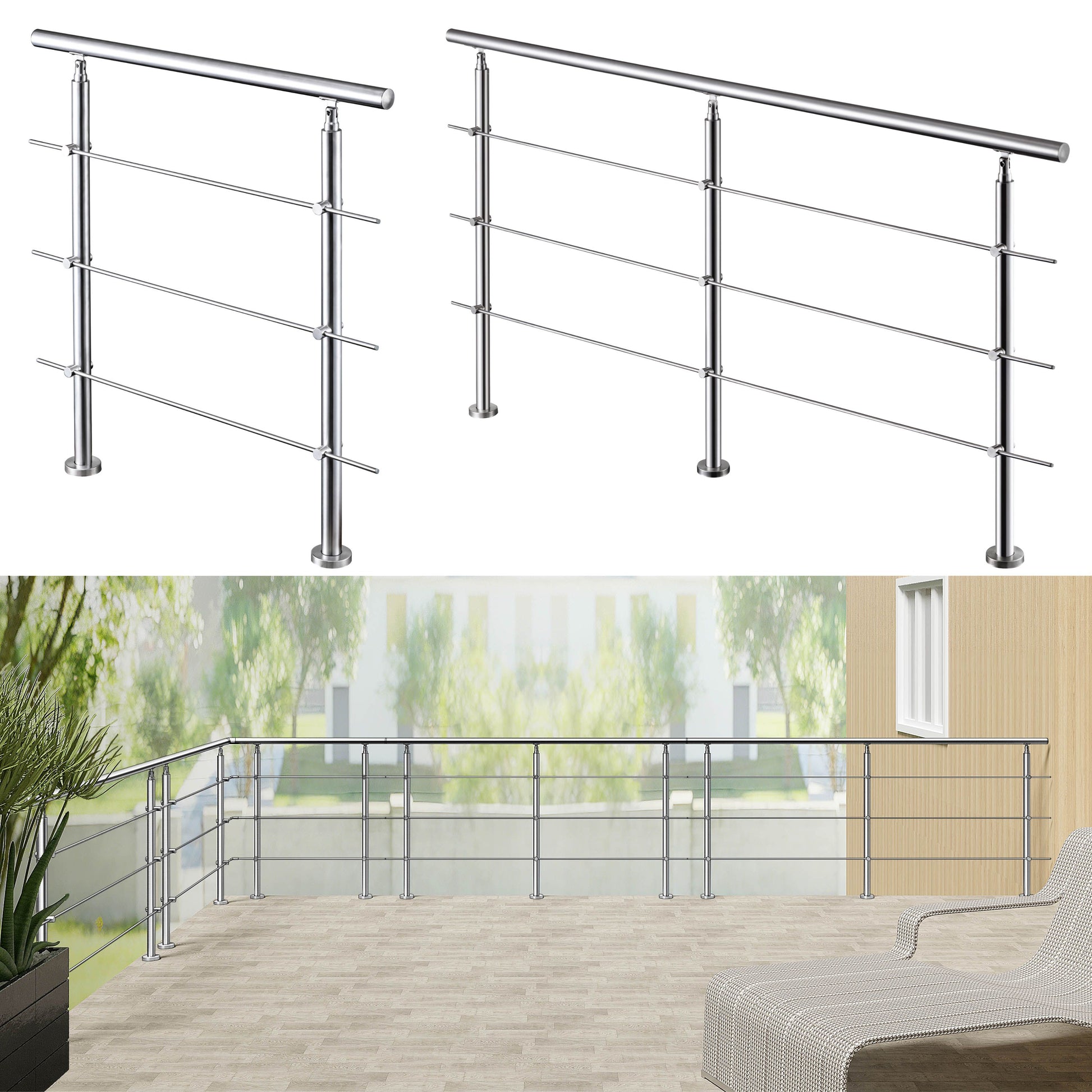 Ringhiera universale in acciaio inox 80-100-120-150-180-200-220-240 cm con 3 barre trasversali
