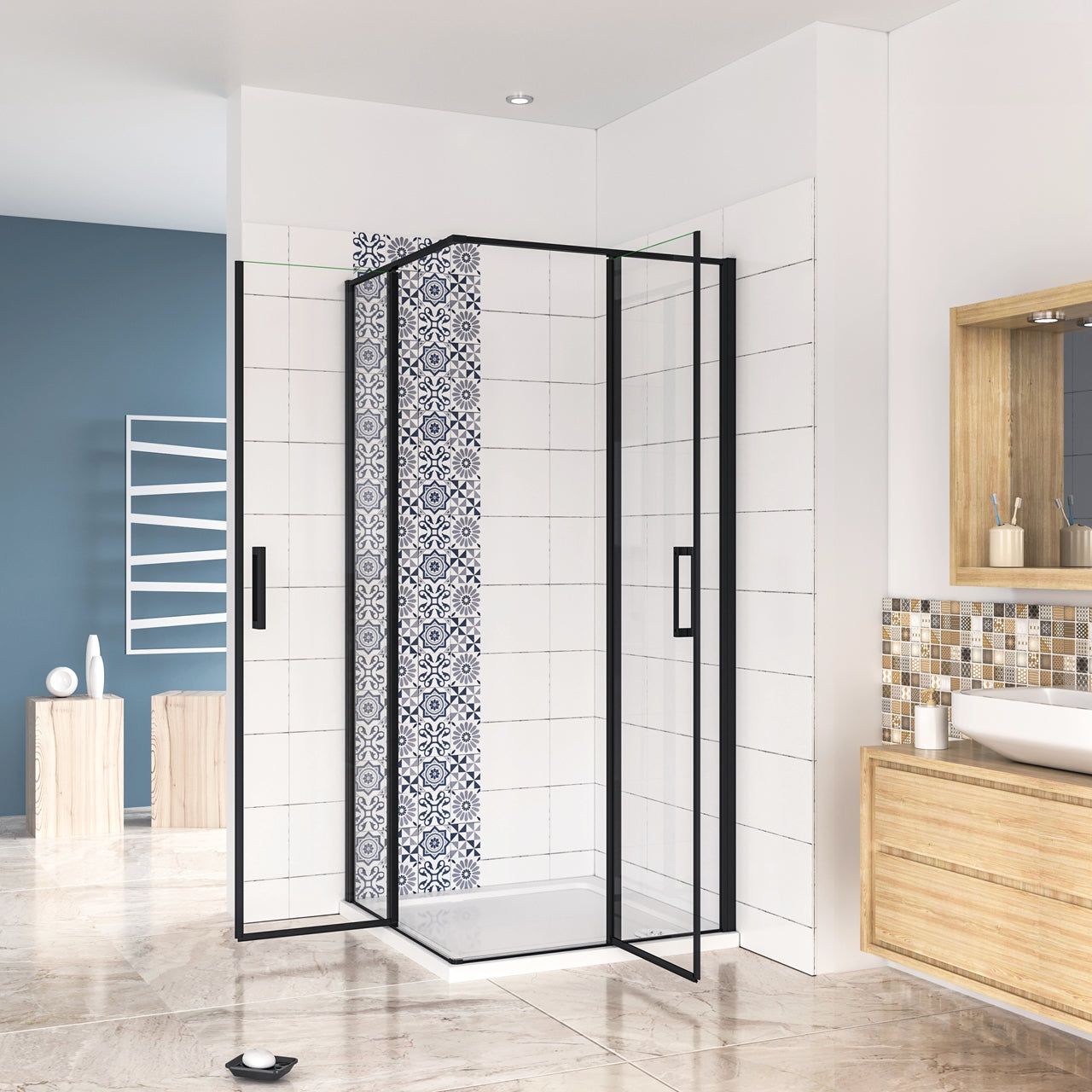 Box Doccia Angolare 80/90/100/120x80/90/100/120 cm H.185 cm Doppia Porta Battente in Vetro Temperato Trasparente Anticalcare 6 mm Profilo Nero Opaco